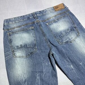 Vintage Y2K Machine Marbled Whiskered Blue Straight Denim Jeans Men's Size 34x30